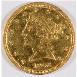 1842-D $5.00 GOLD LIBERTY, AU-58, RARE BRANCH MINT GOLD, ( rim bump reverse )