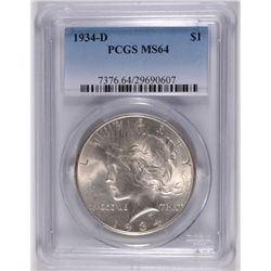 1934-D PEACE SILVER DOLLAR, PCGS MS-64