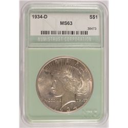 1934-D PEACE SILVER DOLLAR NTC MS63