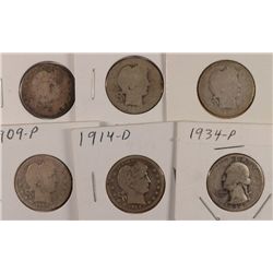 1894, 1899, 1903, 1909, 1914-D BARBER QTRS & 1934 WASHINGTON QTR