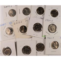 JEFFERSON NICKEL LOT, 12 PROOF MIXED DATES, 3 BU, 62, 64-D, 88D
