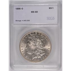1896-O MORGAN SILVER DOLLAR, SEGS MS-60 RARE!