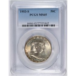 1953-S FRANKLIN HALF DOLLAR, PCGS MS-65 GEM!