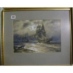M S Moore, 19th Century watercolour drawing "Moonlight Sea Scape with Pirate Ship" 9" x 13" signe...