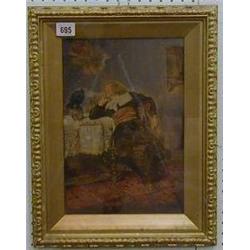 Italian School, oil painting on board "Seated Cavalier with a Rook" 12" x 8" with inscription to...