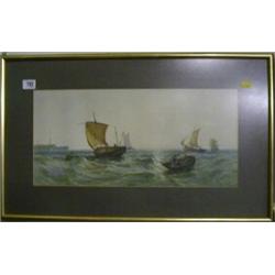 Brun Egan, watercolour drawing "Fishing Boats in Heavy Sea" 9" x 19" signed and dated £150-200...
