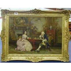 F M Bennett, a fine quality oil painting on board "The Chess Game"  signed and dated 1943, 14" x...