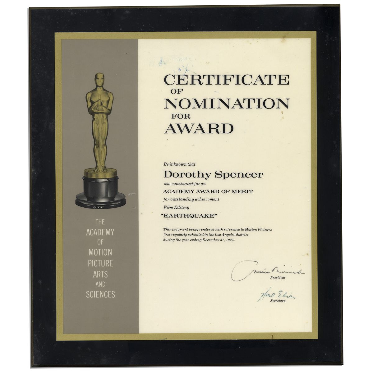 Official Oscar Nomination Certificate for the 1974 Film ''Earthquake''