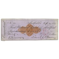 Rare Mark Twain 1875 Personal Check Signed ''Samuel L. Clemens'' -- A Year Later He Would Publish ''
