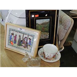 LOT OF COLLECTABLES, TEA CUP, 2 DOG PICS