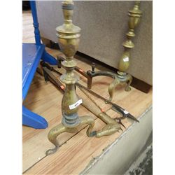 BRASS FIRE DOGS AND 3 TOOLS