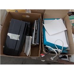 BOX OF ELECTRONICS AND BOX OF PAPER AND CORDS