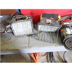 BOX - HALOGEN LIGHTS - 2, LARGE CAULKING GUN PORTER CABLE CLAW & BIN OF SAW BLADES