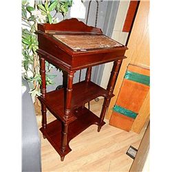 VINTAGE TALL WRITING DESK, LEATHER TOP (AS-IS)