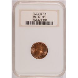 1940-D LINCOLN CENT, NGC MS-67 RED RARE!