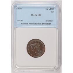 1855 HALF CENT NNC MS-62 BR