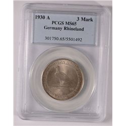 1930 A GERMANY RHINELAND 3 MARK PCGS MS-65