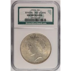 1922 PEACE DOLLAR NGC UNC (BINION)