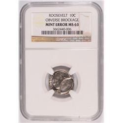 ROOSEVELT DIME MINT ERROR OBVERSE BROCKAGE NGC MS-63