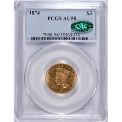 1874 $3 GOLD PIECE PCGS AU-58 CAC