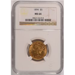 1894 $5 GOLD LIBERTY NGC MS-64
