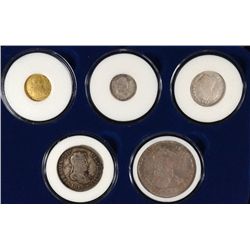 SPANISH COINS TYPE SET: 1799 GOLD 1 ESCUDO, 1780 & 1817 1 REALES,1817 2 REALES &