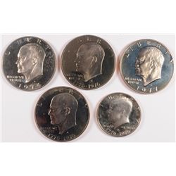 LOT OF ( 5 ) PROOF COINS: ( 4 ) EISENHOWER DOLLARS, BU & ( 1 ) 1976 KENNEDY HALF
