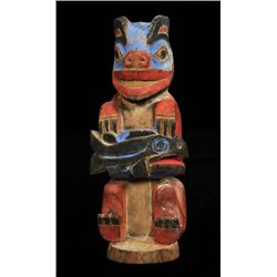 Haida Carved Bear Figure Holding a Salmon - Deaccessioned Lynden Museum 5" H. 2" W.  Good Condition