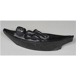 19TH C. Haida Argillite Canoe with Reclining Shaman 6" L. - John Spangler Estate  Good Condition wit