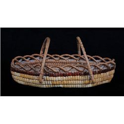 Fully Imbricated Boat Shaped Basket with Handles and Crenulated Rim 7 3/4" L. 3 1/4" W.  Good Condit
