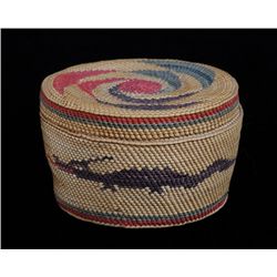 Nuu-chah-nulth Lidded Basket with Sea Monster and Swirl Design - John Spangler Estate 3 1/2" D. 2 1/