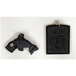 Two Haida Argillite Pendants - John Spangler Estate; Thunderbird by Denny Dixon 1 3/4"x 2 1/8" and K