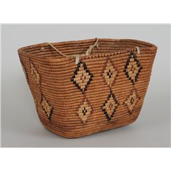 Lillooet Burden Basket with Diamond Imbricated Design 11" W. 7" H.  Good Condition with Minor Rim Lo