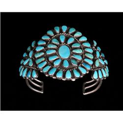 Zuni Silver and Turquoise Cluster Bracelet Signed Bessie 6 1/2" L. 2 3/8" W.  Fine Condition