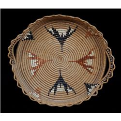 Lillooet Handled Basketry Tray with Unusual Imbricated Design 14" D.  Fine Condition