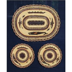 Three Nuu-chah-nulth Basketry Mats with Canoe, Whale and Eagle Holding Arrow Design 6" W. - 11 3/4" 