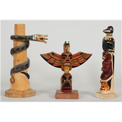 Three Northwest Coast Carved Totems; Lightning Snake by Stanley Botting 1960 8 3/4" H., Three Figure