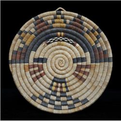 Hopi Coiled Basketry Tray with Kachina Motif 10 1/2" D.  Good Condition, Very Minor Loss