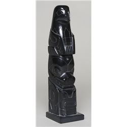 Argillite Totem, Eagle and Killer Whale by Denny Dixon 7 5/8" H.  Good Condition