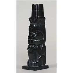 Haida Argillite Totem of Beaver with Potlatch Rings by Denny Dixon 4 7/8" H. 1 1/8" W.  Good Conditi