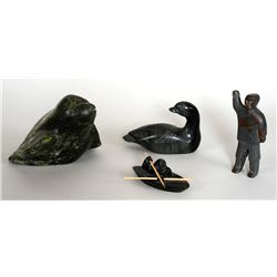 Four Inuit Carvings; Kayak 4 1/2" L., Inuk 6" H. and Two Birds 6" L. and 9" L.  - John Spangler Esta