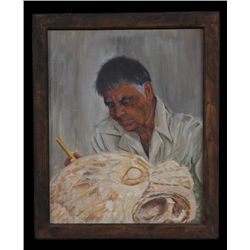Painting of a Native Carver Signed Sennette 89  18 1/2"x 22 1/2" Framed Good Condition