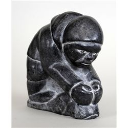 Inuit Hunter and Seal Carving by Adamie Koon - Povungnituk 6 1/2" H. 6" L. Good Condition