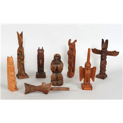 Seven Northwest Coast Carvings 8" H. 12 1/2" H.  All In Good Condition with Repair To One Wing and a