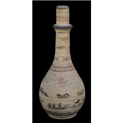 Nuu-chah-nulth Basketry Covered Bottle with Whaling Scene, Sisiutl, Bird and Beaver Design - John Sp