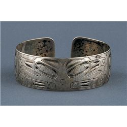 Haida Silver Bracelet with Incised Double Thunderbird Design  - John Spangler Estate 7 1/4" L. 7/8" 