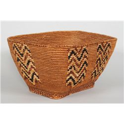 Finely Woven Chilcotin Burden Basket with Imbricated Chevron Design 11" L. 8 1/2" W. 5 3/4" H.  Good