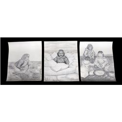 Three Original Charcoal Drawings of Inuit Related Life In the Arctic by Henry Evaluardjuk 16"x 20"  