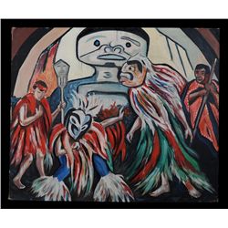 Ceremonial Dance Scene Painted with Oil on Artist Board 25"x 30"  Good Condition
