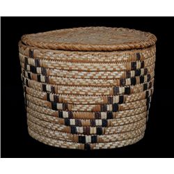 Mt Currie Lidded Basket with Imbricated Chevron Design 10 1/2" D. 8 1/4" H.  Fine Condition